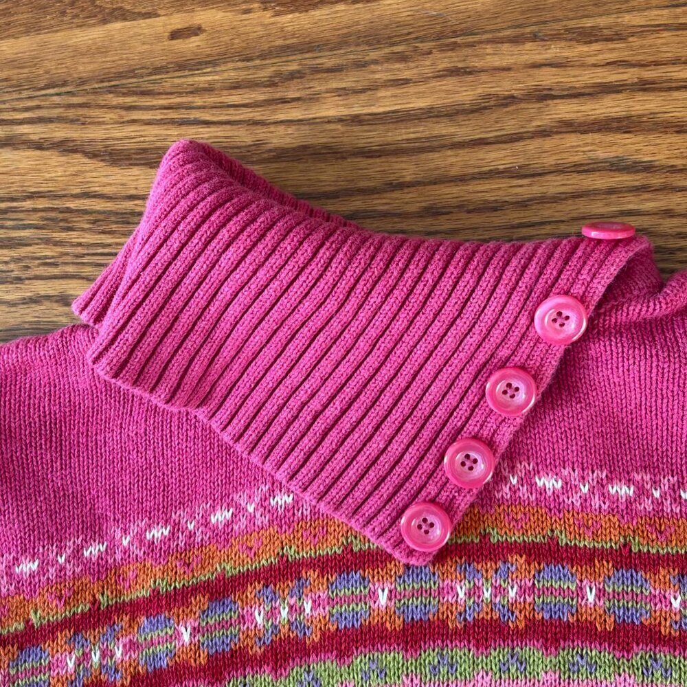 Vintage 90s Tiara Pink Fair Isle Turtleneck Sweater Button Collar Size Medium - Picture 7 of 10